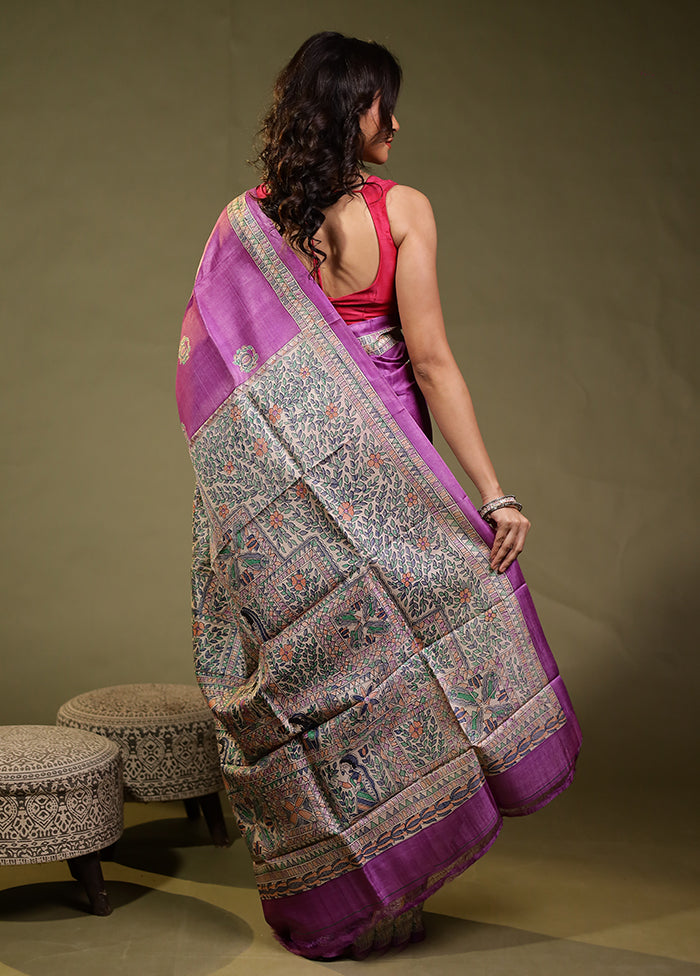 Purple Handloom Tussar Pure Silk Saree With Blouse Piece