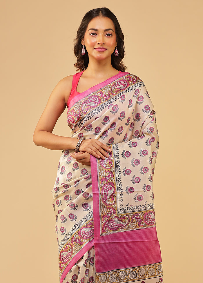 Cream Handloom Tussar Pure Silk Saree With Blouse Piece