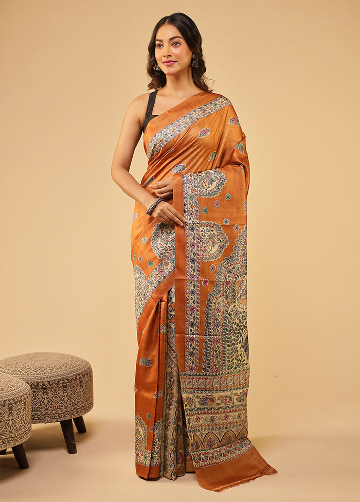 Rust Handloom Tussar Pure Silk Saree With Blouse Piece