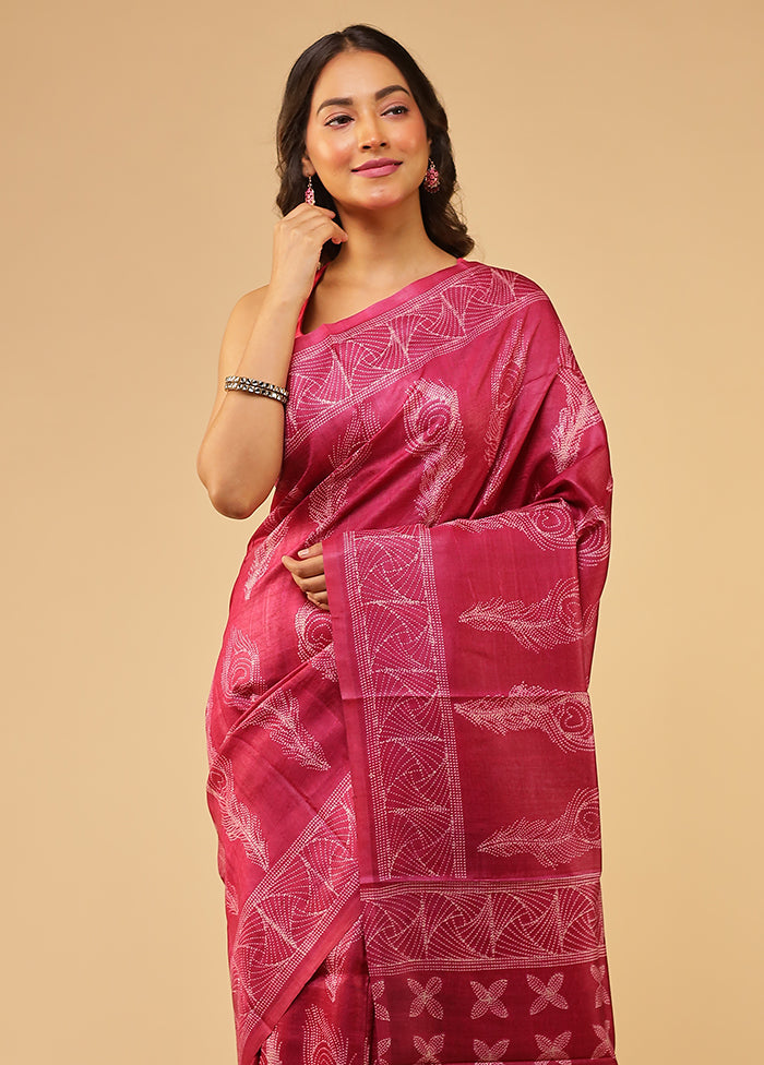 Pink Handloom Tussar Pure Silk Saree With Blouse Piece