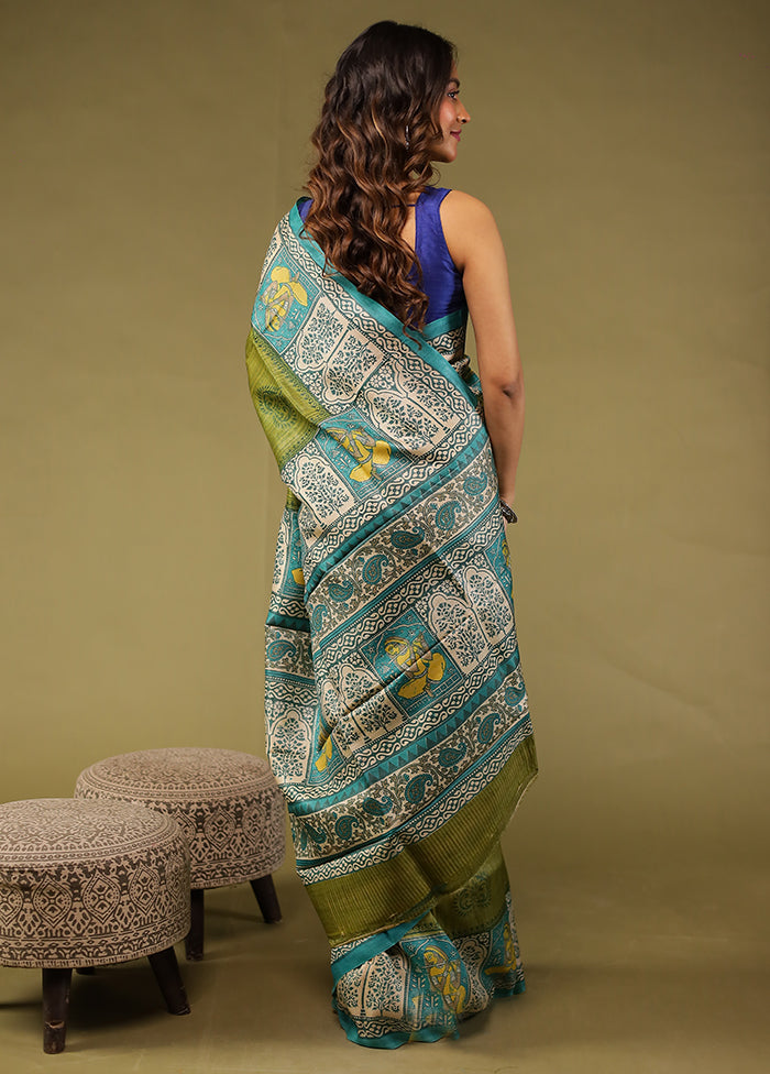 Green Handloom Tussar Pure Silk Saree With Blouse Piece