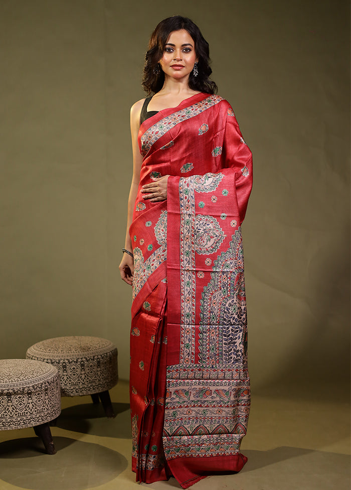Pink Handloom Tussar Pure Silk Saree With Blouse Piece