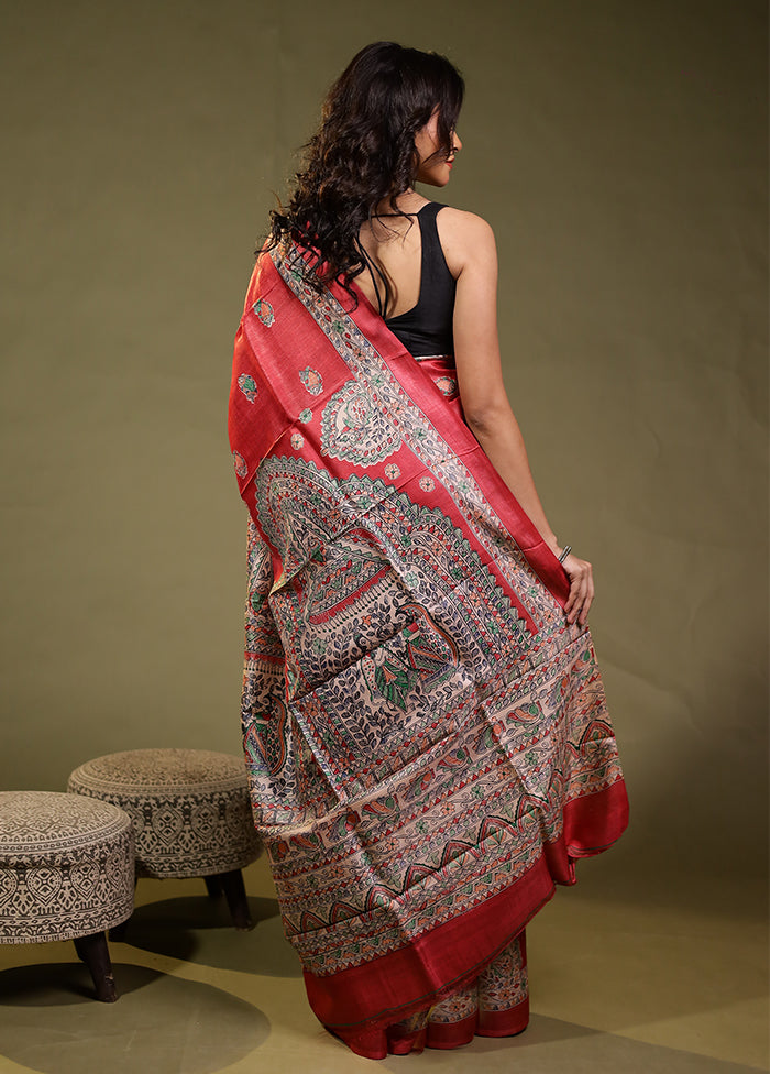 Pink Handloom Tussar Pure Silk Saree With Blouse Piece