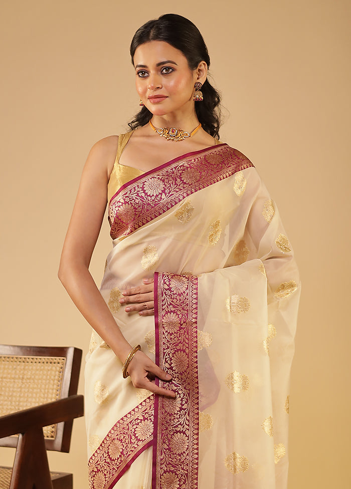 Cream Organza Saree With Blouse Piece