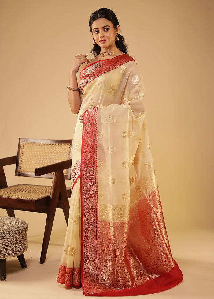 Cream Organza Saree With Blouse Piece