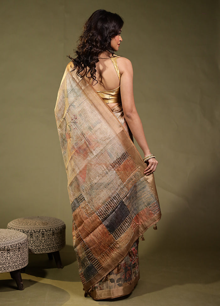 Cream Linen Silk Saree With Blouse Piece