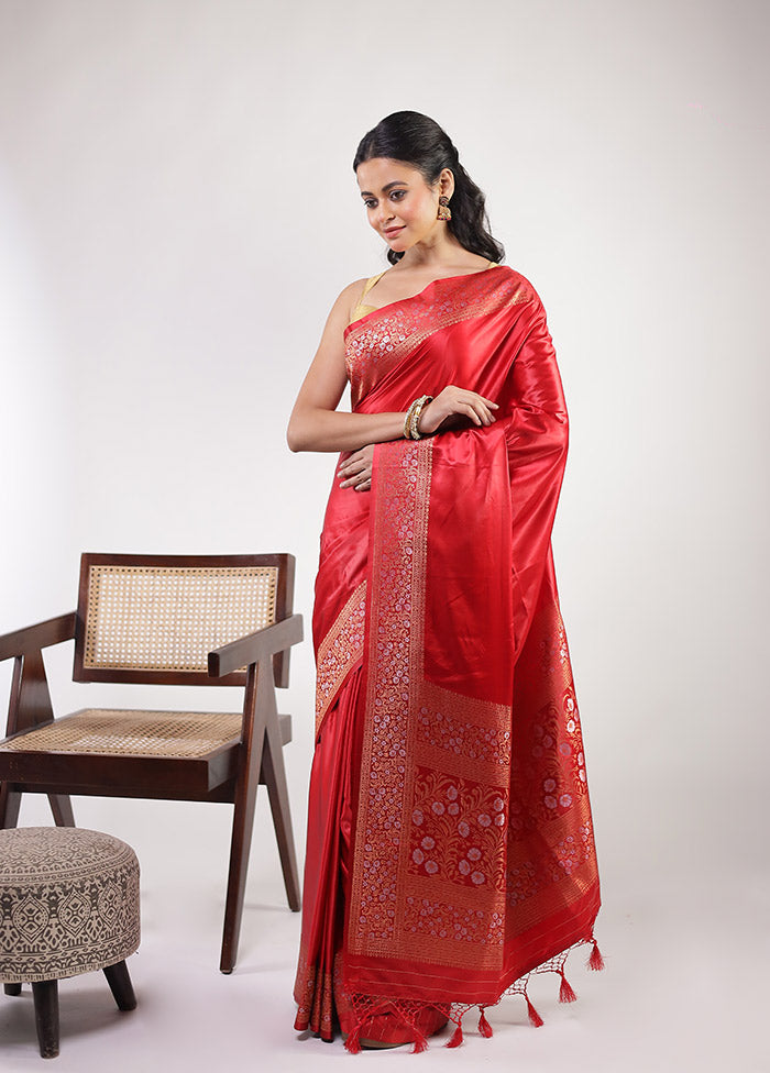 Red Dupion Silk Saree With Blouse Piece