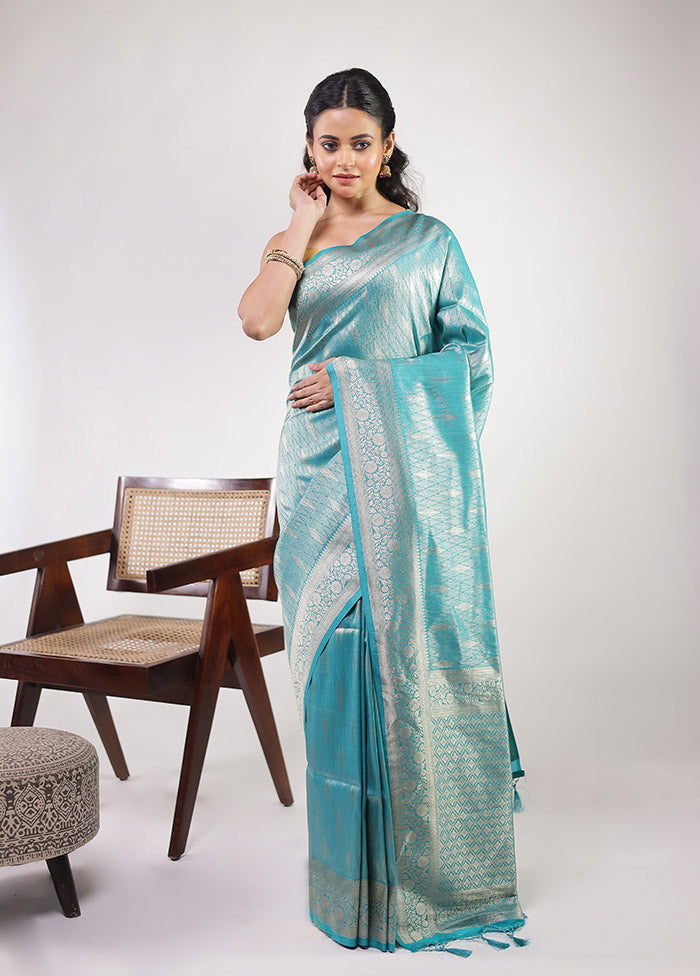 Blue Dupion Silk Saree With Blouse Piece