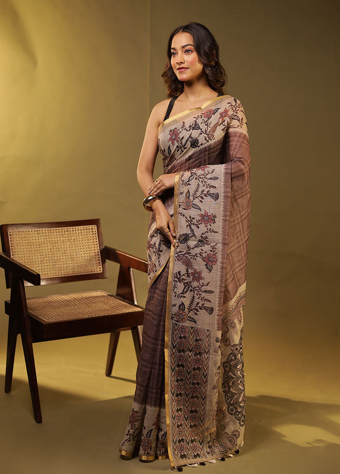 Purple Linen Silk Saree With Blouse Piece
