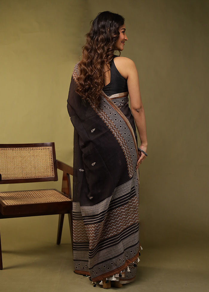 Black Linen Silk Saree With Blouse Piece