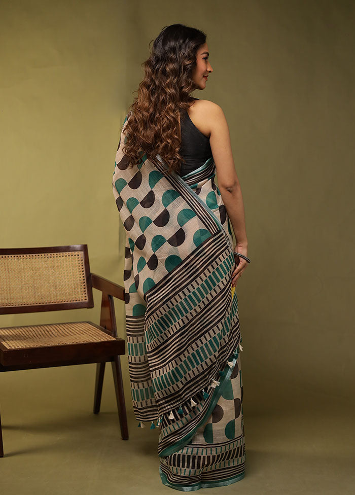 Cream Linen Silk Saree With Blouse Piece
