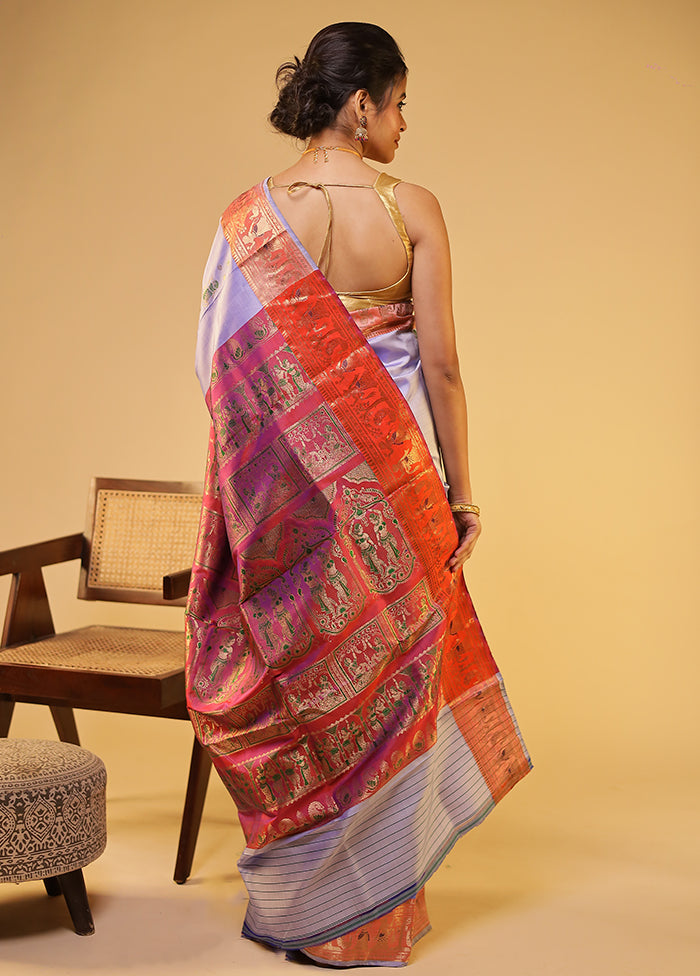 Blue Handloom Baluchari Pure Silk Saree With Blouse Piece
