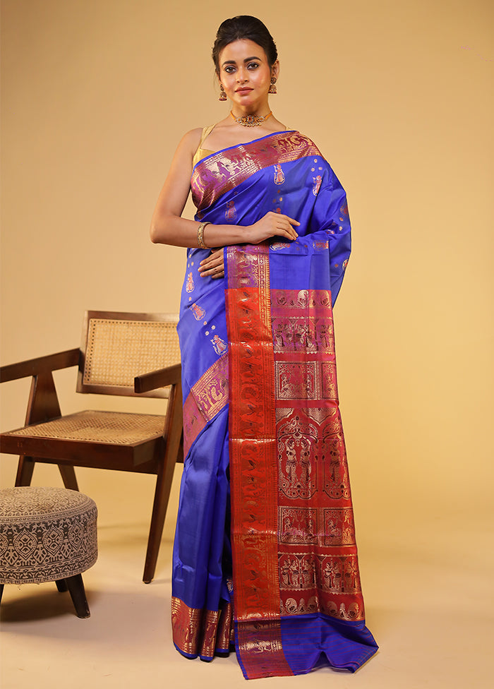 Blue Handloom Baluchari Pure Silk Saree With Blouse Piece