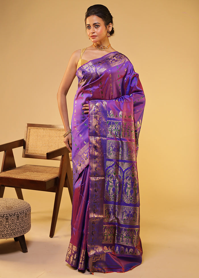 Purple Handloom Baluchari Pure Silk Saree With Blouse Piece