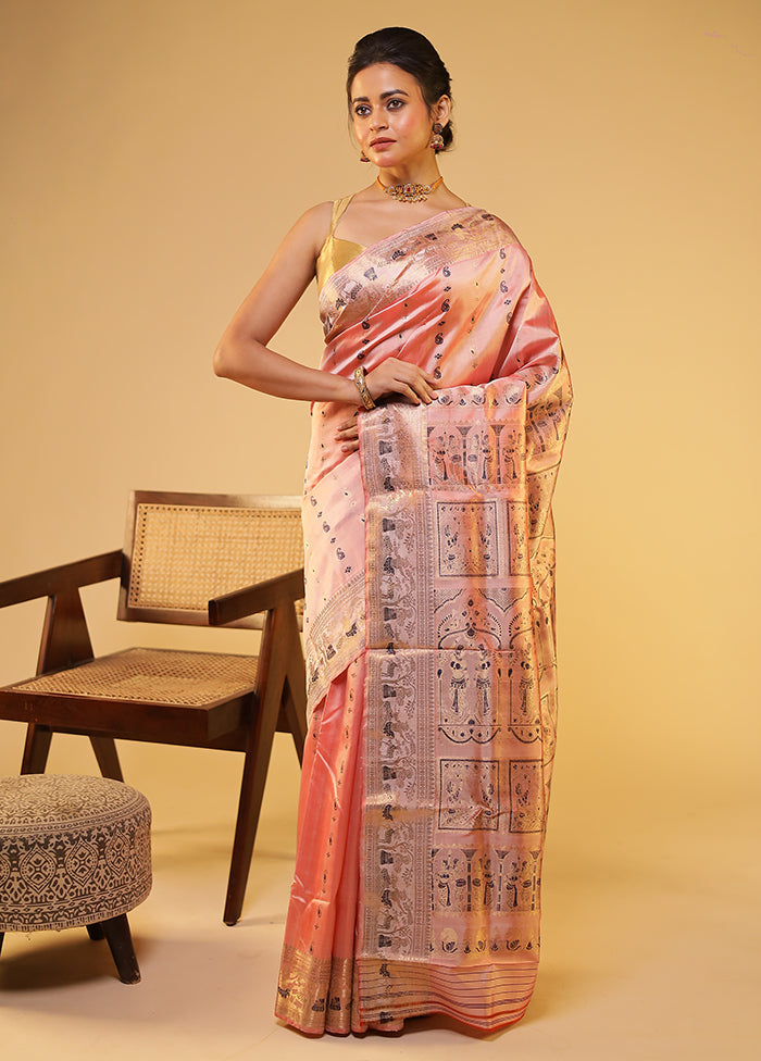 Pink Handloom Baluchari Pure Silk Saree With Blouse Piece