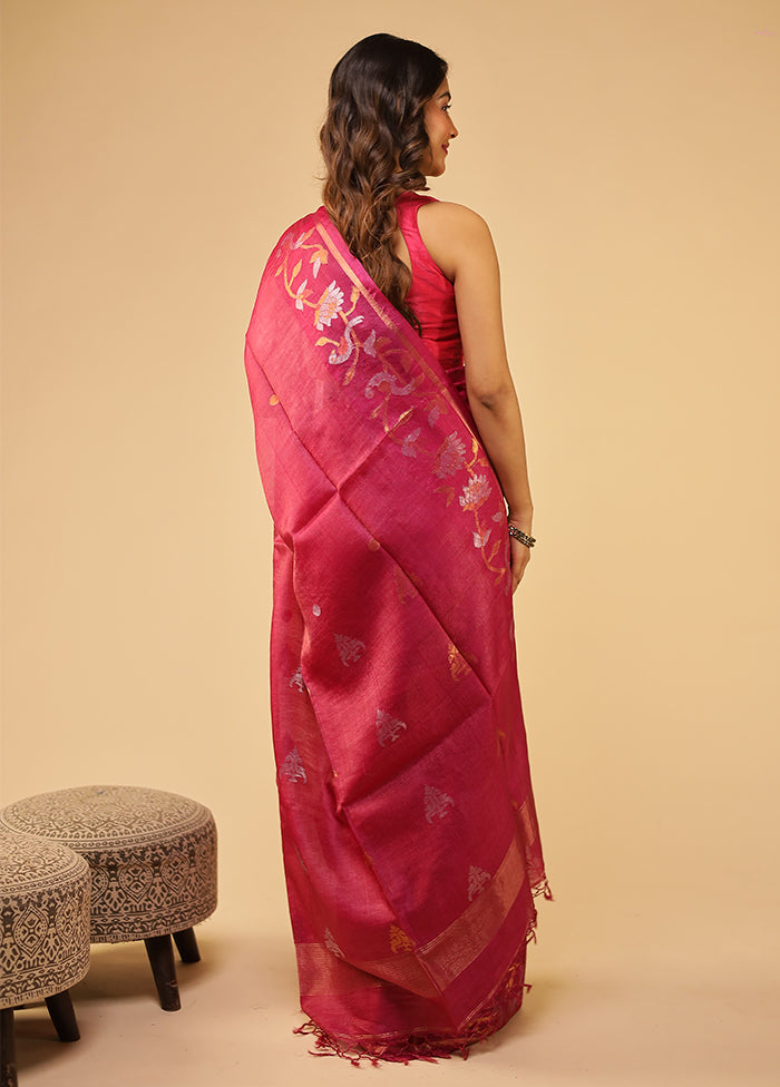 Pink Handloom Tussar Pure Silk Saree With Blouse Piece