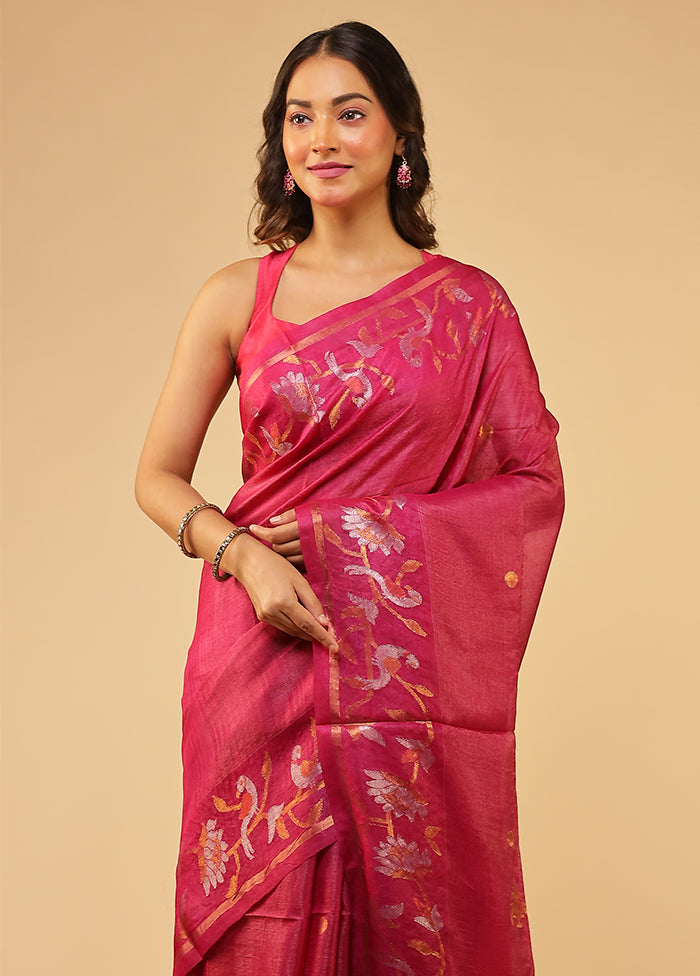 Pink Handloom Tussar Pure Silk Saree With Blouse Piece