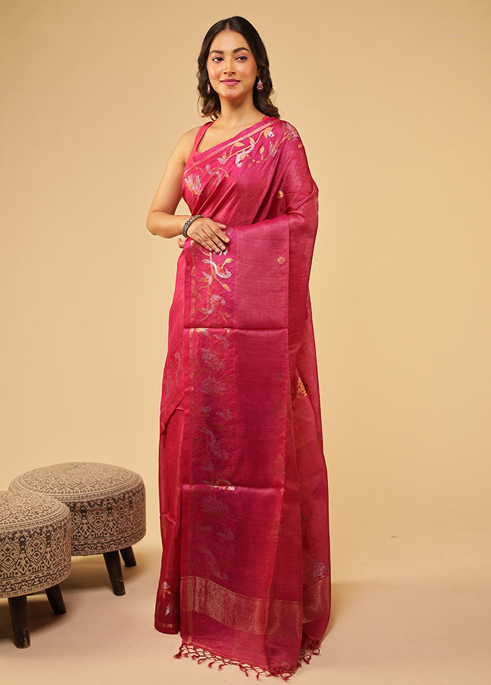 Pink Handloom Tussar Pure Silk Saree With Blouse Piece
