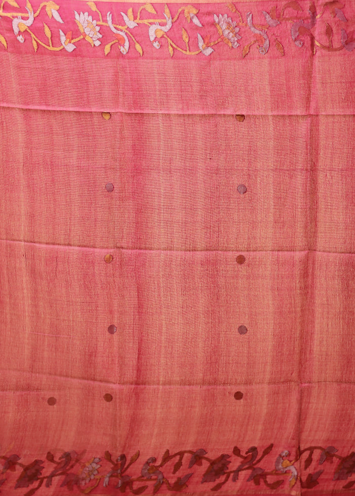 Pink Handloom Tussar Pure Silk Saree With Blouse Piece