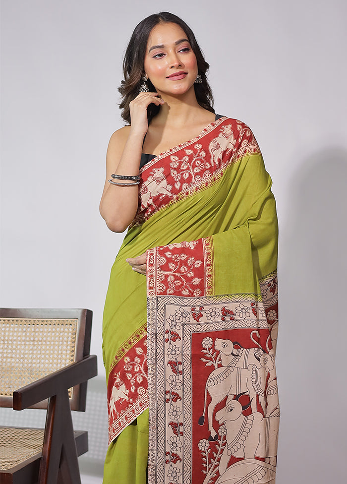 Green Cotton Saree With Blouse Piece