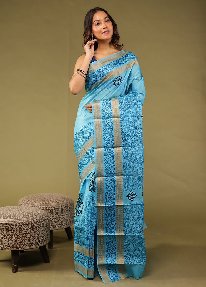 Blue Printed Pure Silk Saree Without Blouse Piece