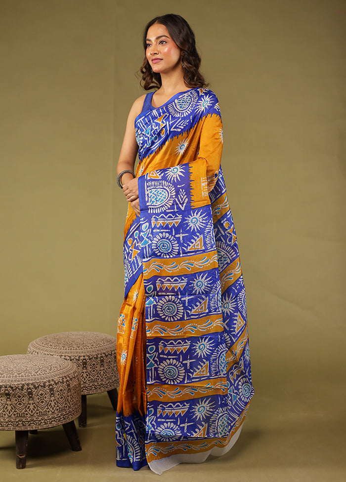 Yellow Printed Pure Silk Saree Without Blouse Piece