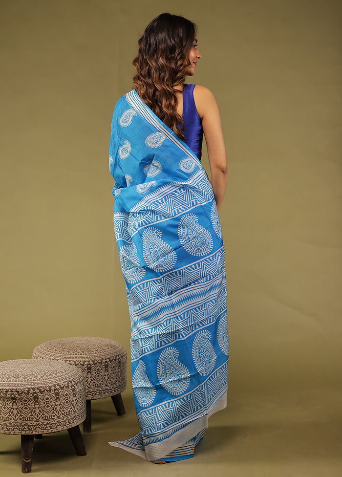 Blue Printed Pure Silk Saree Without Blouse Piece