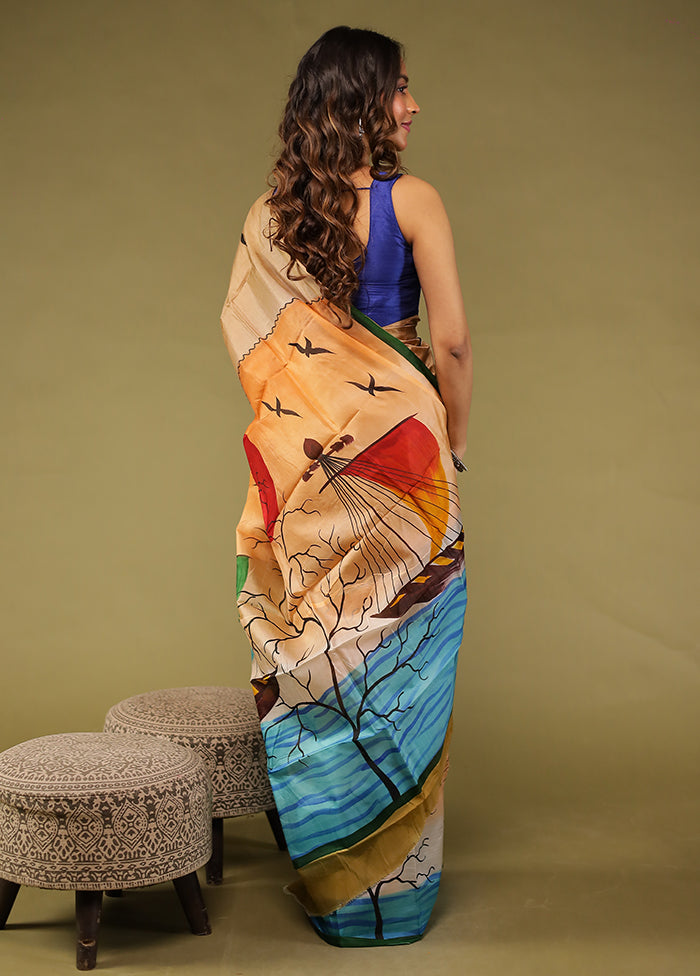Cream Printed Pure Silk Saree Without Blouse Piece
