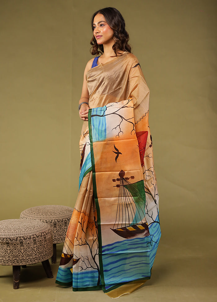 Cream Printed Pure Silk Saree Without Blouse Piece