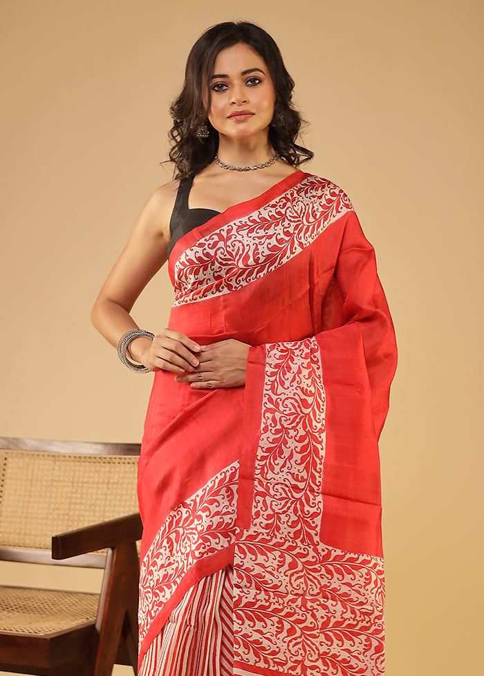 Red Printed Pure Silk Saree Without Blouse Piece