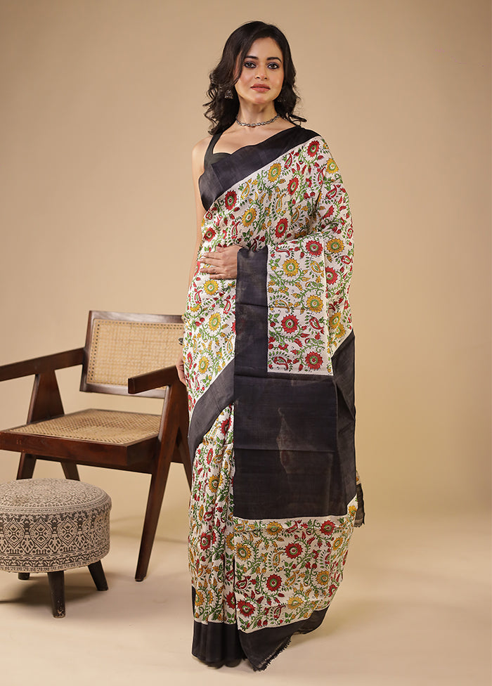 Cream Printed Pure Silk Saree Without Blouse Piece