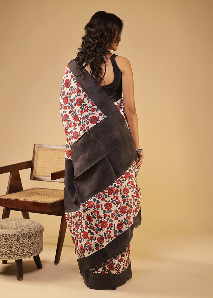 Cream Printed Pure Silk Saree Without Blouse Piece