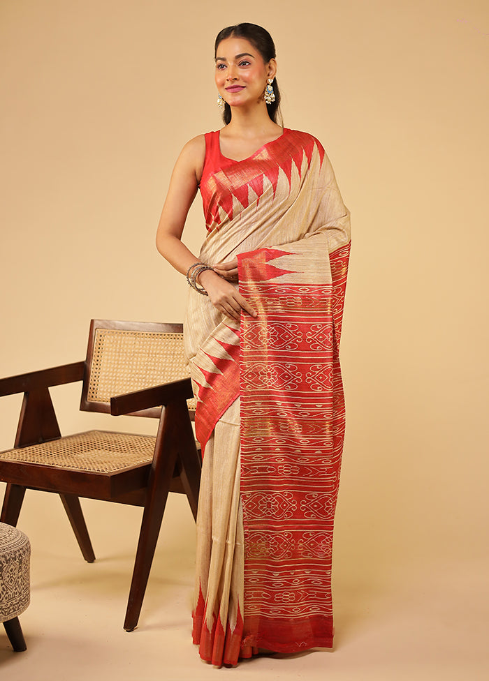 Cream Tussar Silk Saree With Blouse Piece