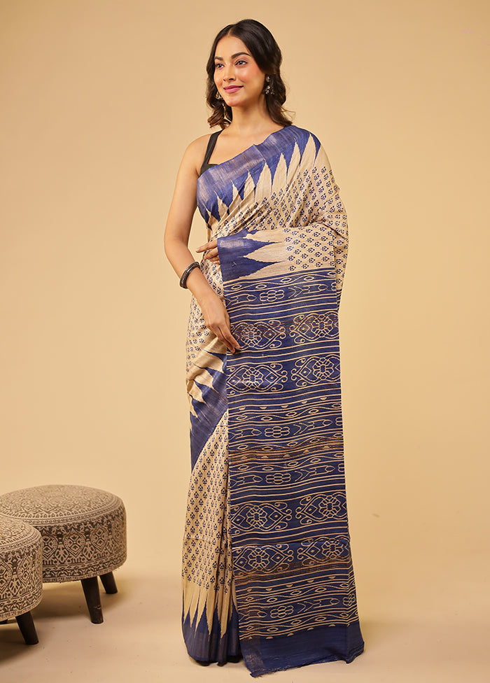 Cream Tussar Silk Saree With Blouse Piece