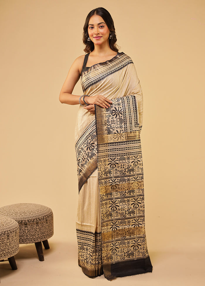 Cream Tussar Silk Saree With Blouse Piece