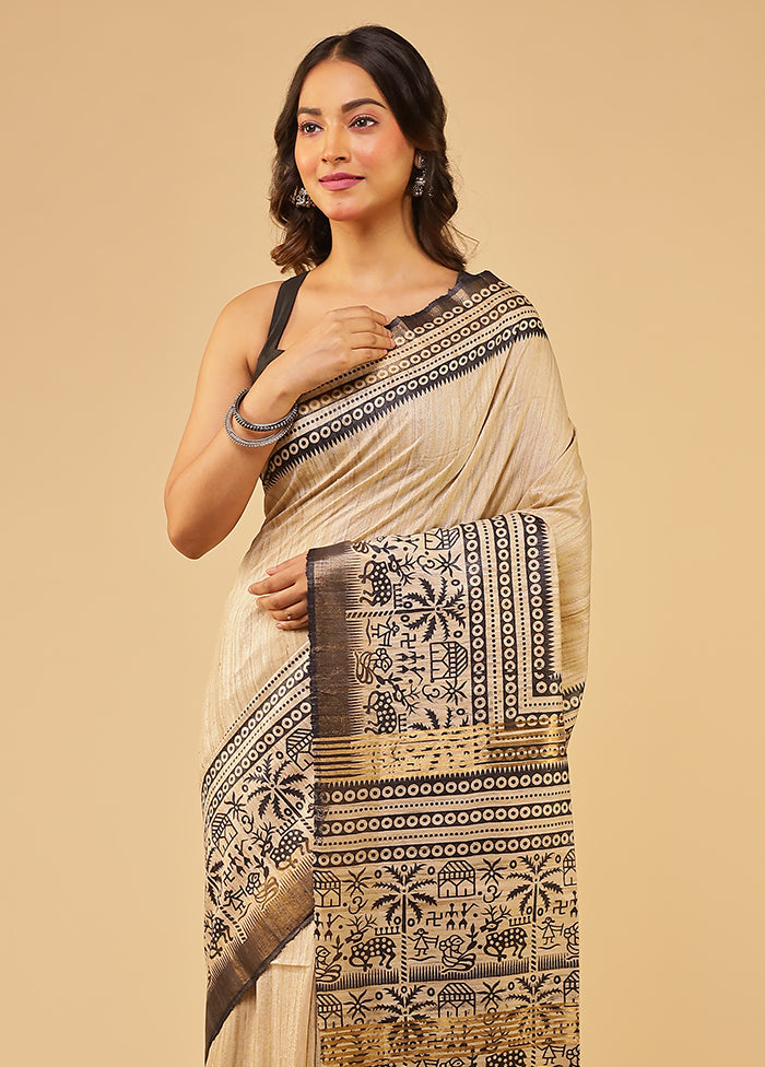 Cream Tussar Silk Saree With Blouse Piece