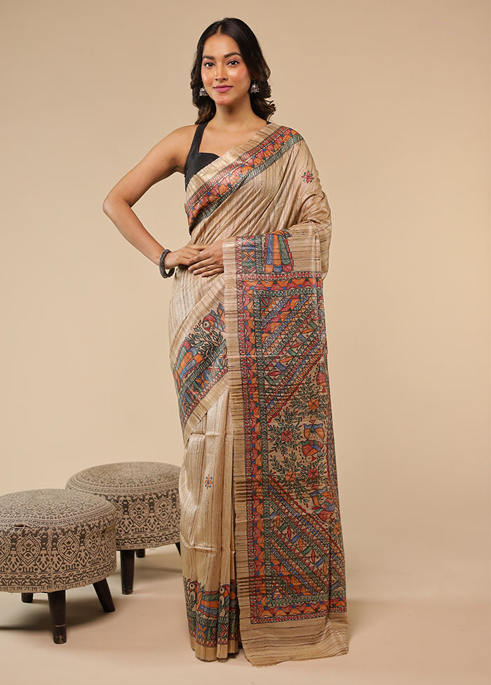Cream Handloom Tussar Pure Silk Saree With Blouse Piece