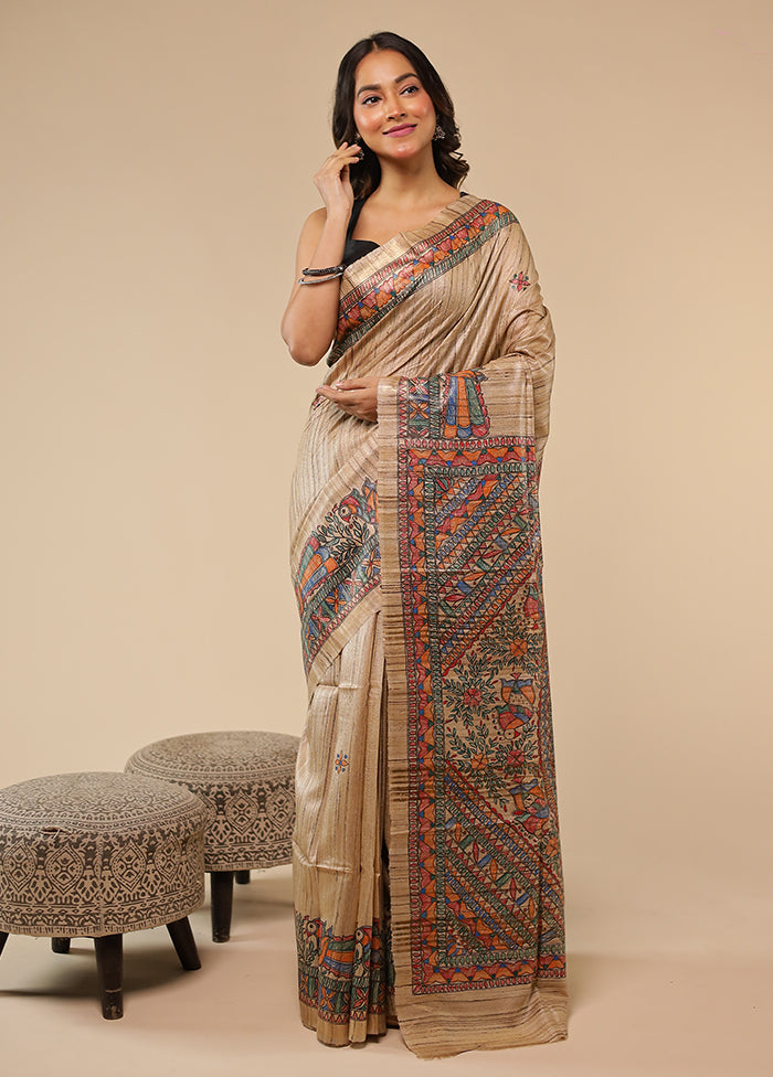 Cream Handloom Tussar Pure Silk Saree With Blouse Piece