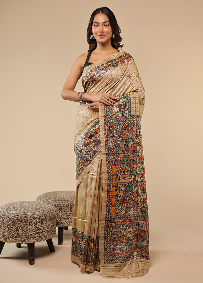 Cream Handloom Tussar Pure Silk Saree With Blouse Piece