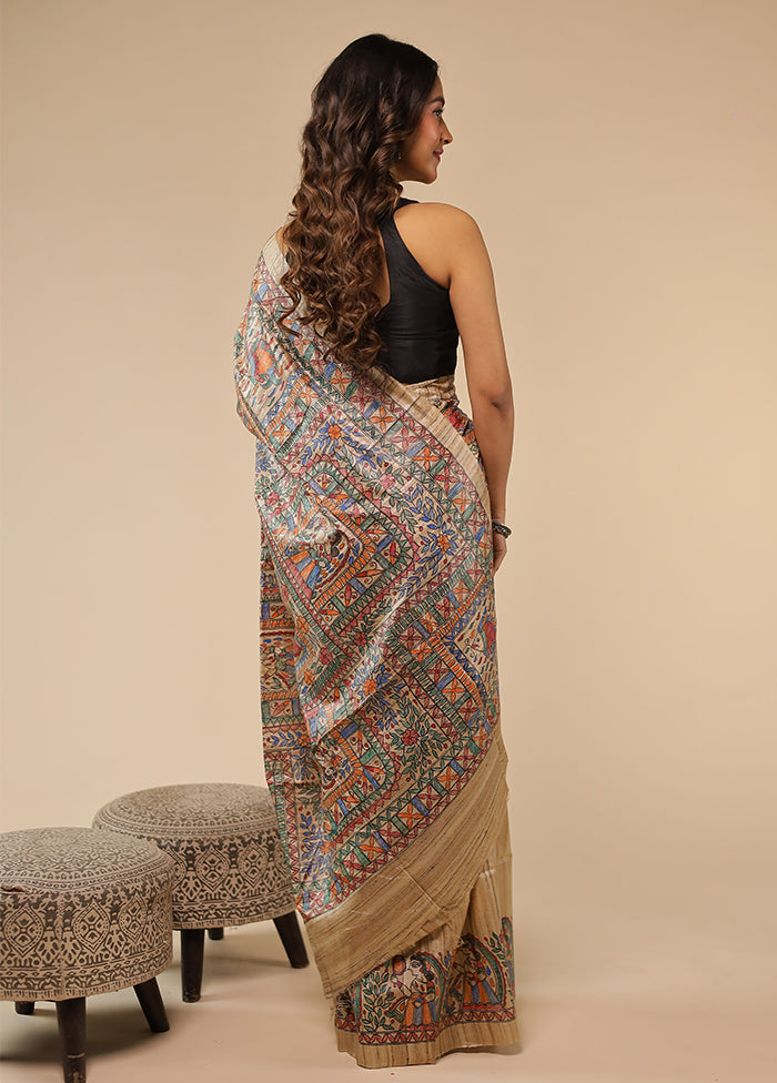 Cream Handloom Tussar Pure Silk Saree With Blouse Piece