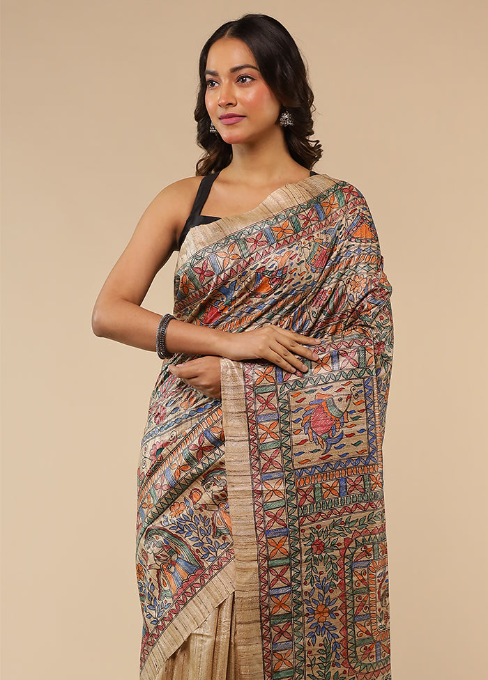 Cream Handloom Tussar Pure Silk Saree With Blouse Piece