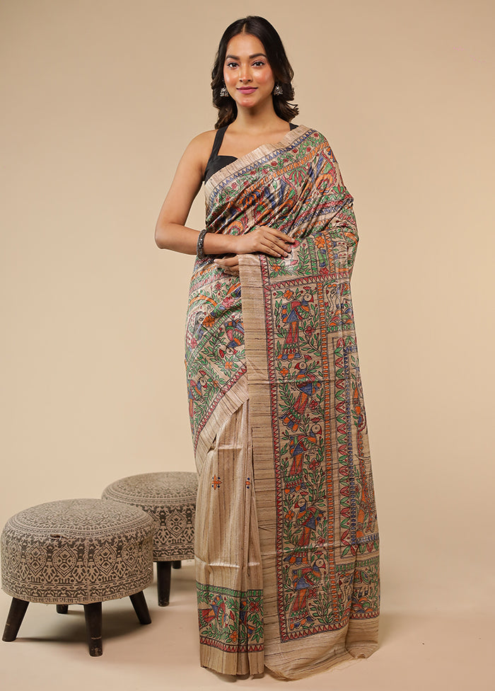 Cream Handloom Tussar Pure Silk Saree With Blouse Piece