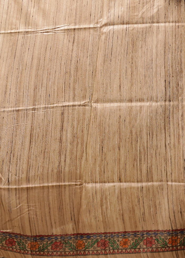 Cream Handloom Tussar Pure Silk Saree With Blouse Piece
