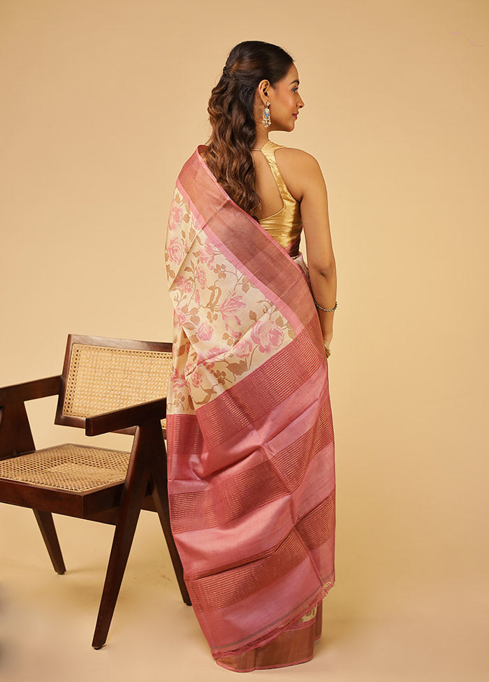Cream Tussar Silk Saree With Blouse Piece