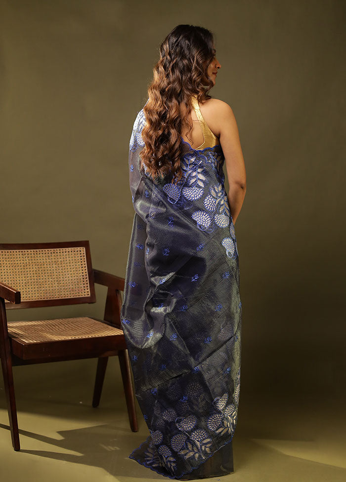 Blue Organza Saree With Blouse Piece