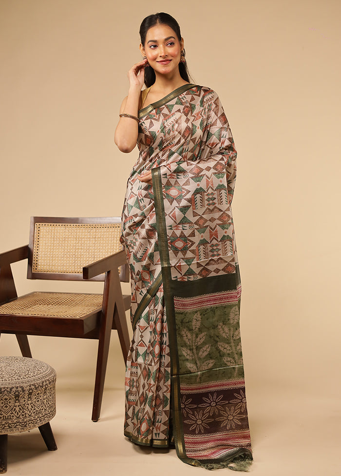 Cream Tussar Silk Saree With Blouse Piece
