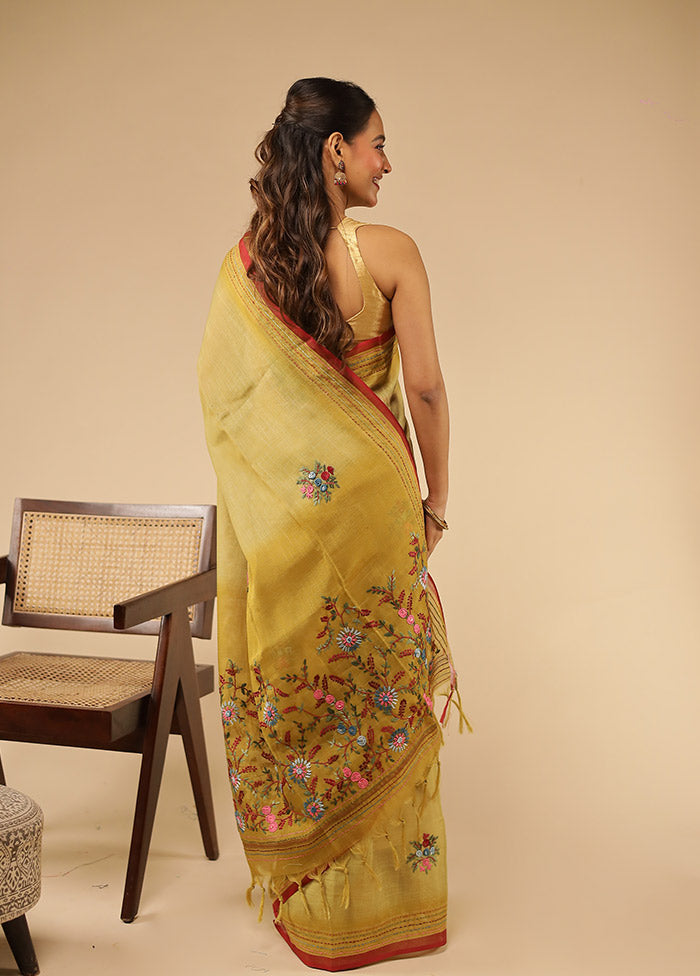 Green Linen Silk Saree With Blouse Piece
