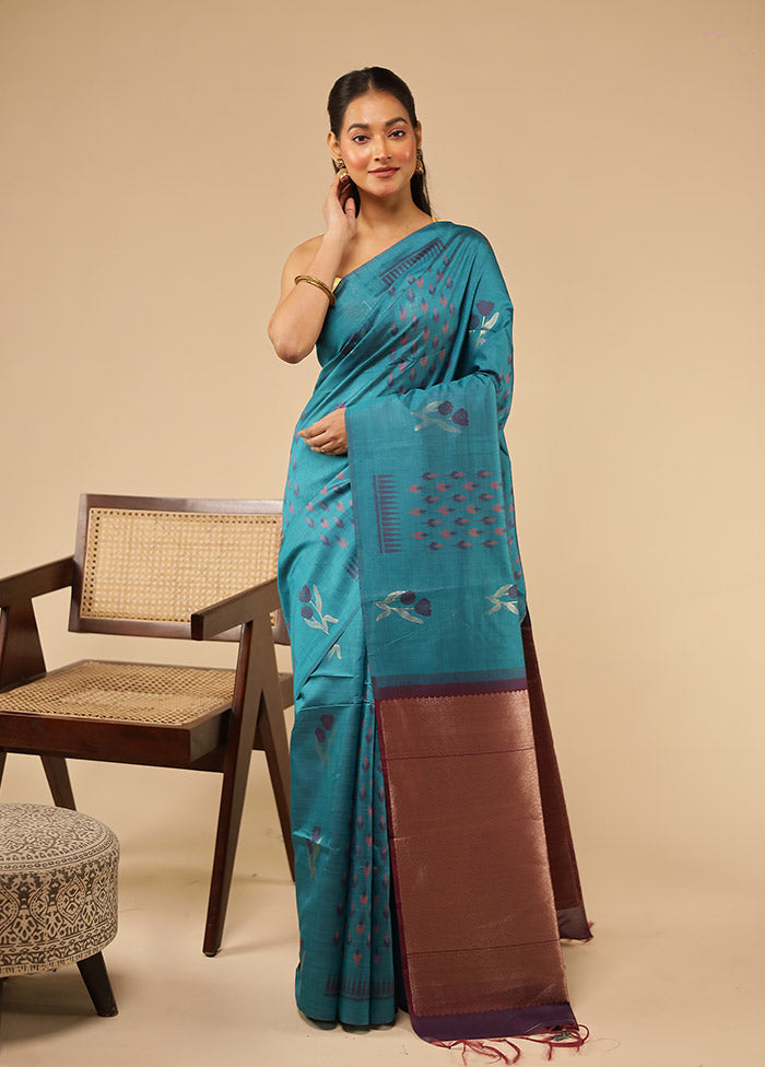 Green Tussar Silk Saree With Blouse Piece
