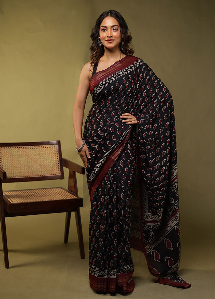 Black Chanderi Cotton Saree With Blouse Piece