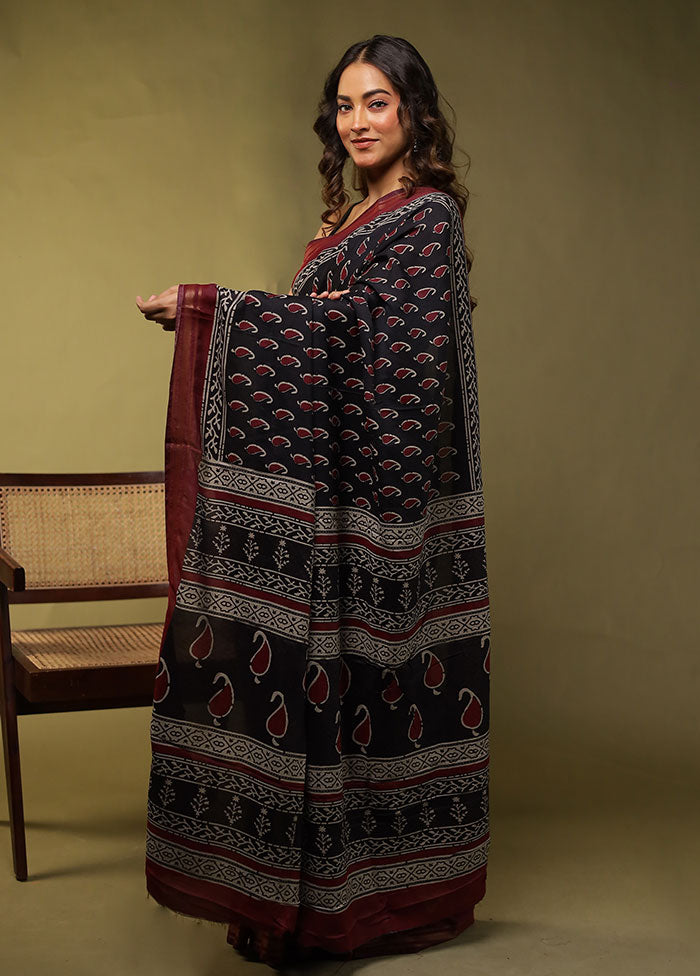 Black Chanderi Cotton Saree With Blouse Piece
